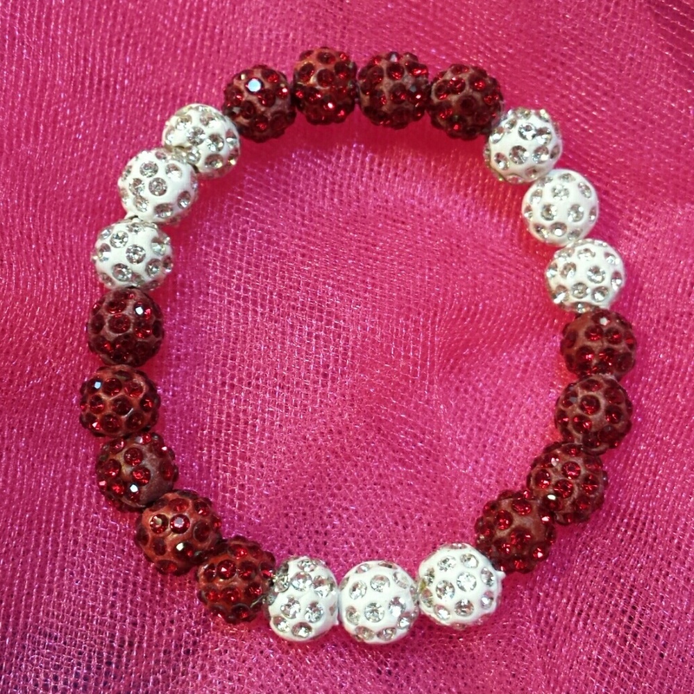 Red White Sparkle Bling Beaded Stretch Bracelet